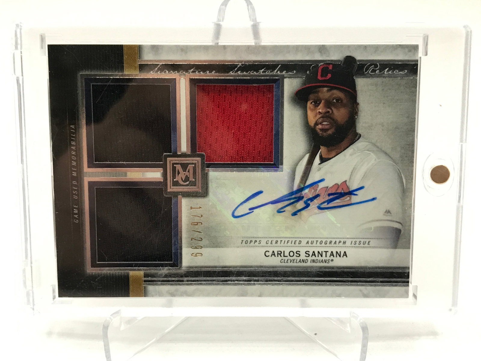 2020 TOPPS MUSEUM COLLECTION BASEBALL CARLOS SANTANA SIGNED TRIPLE PATCH TRADING CARD 176/299: Prices are in Canadian dollars