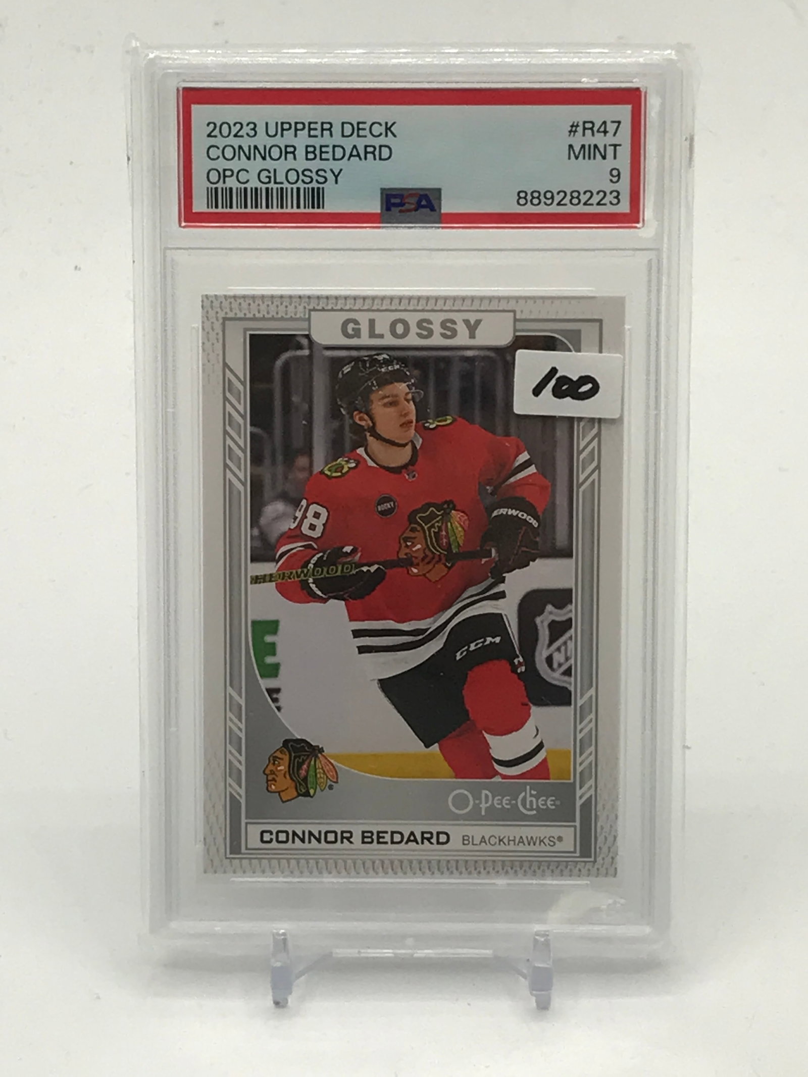 2023 UPPER DECK CONNOR BEDARD OPC GLOSSY TRADING CARD - PSA GRADE 9: Prices are in Canadian dollars