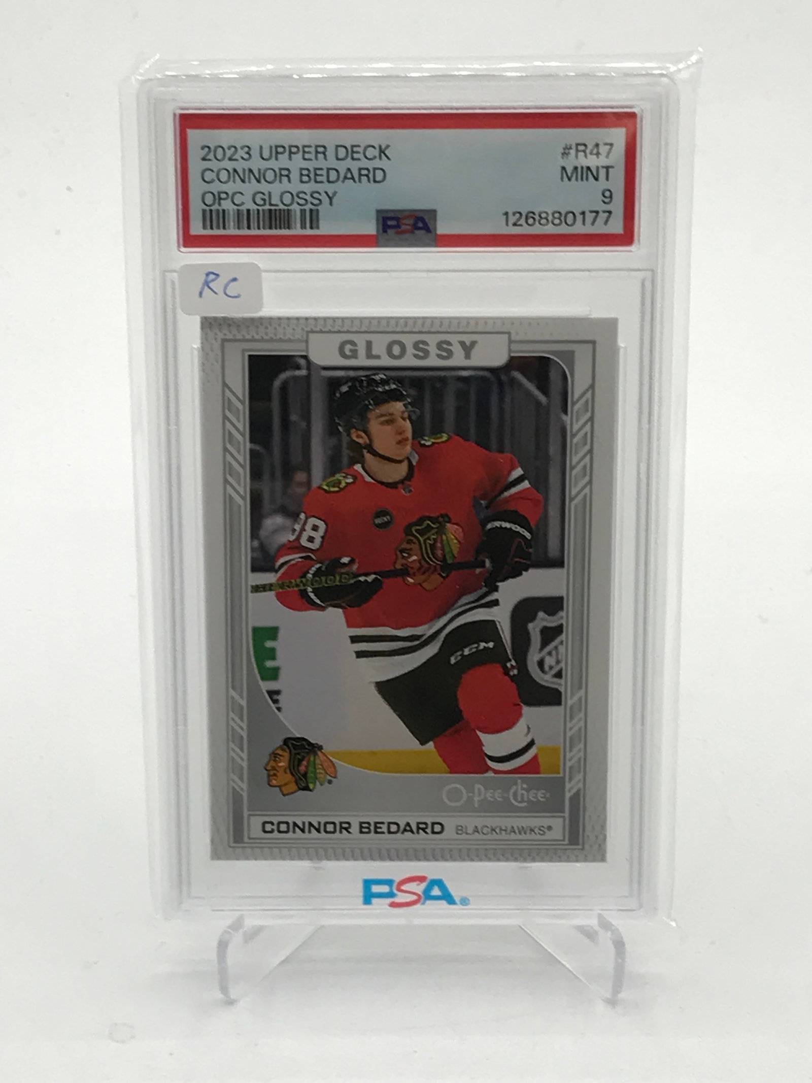 2023 UPPER DECK CONNOR BEDARD OPC GLOSSY ROOKIE TRADING CARD - PSA GRADE 9: Prices are in Canadian dollars