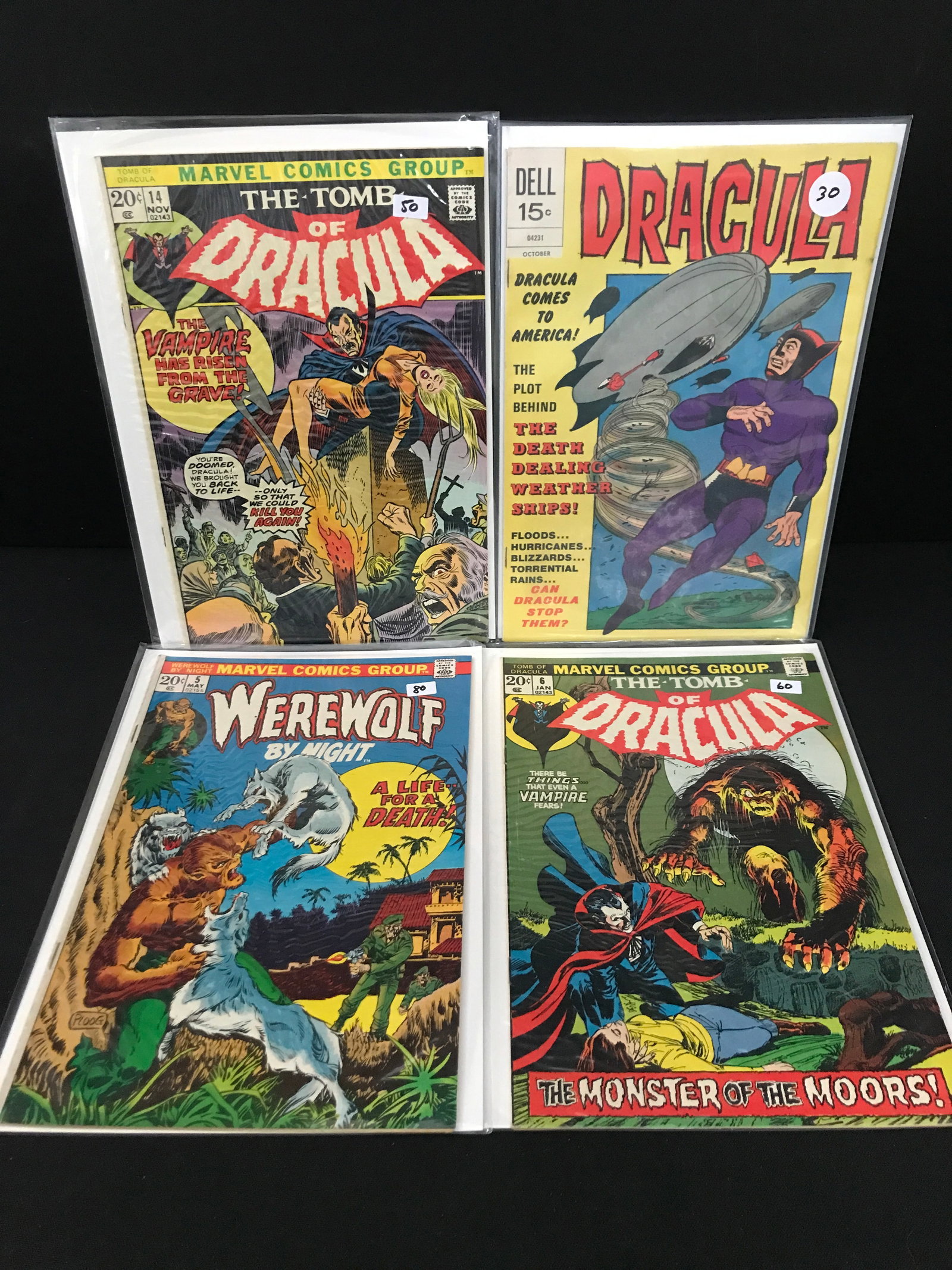 LOT OF 4 DRACULA / WEREWOLF COMICS - MARVEL / DELL: Prices are in Canadian dollars