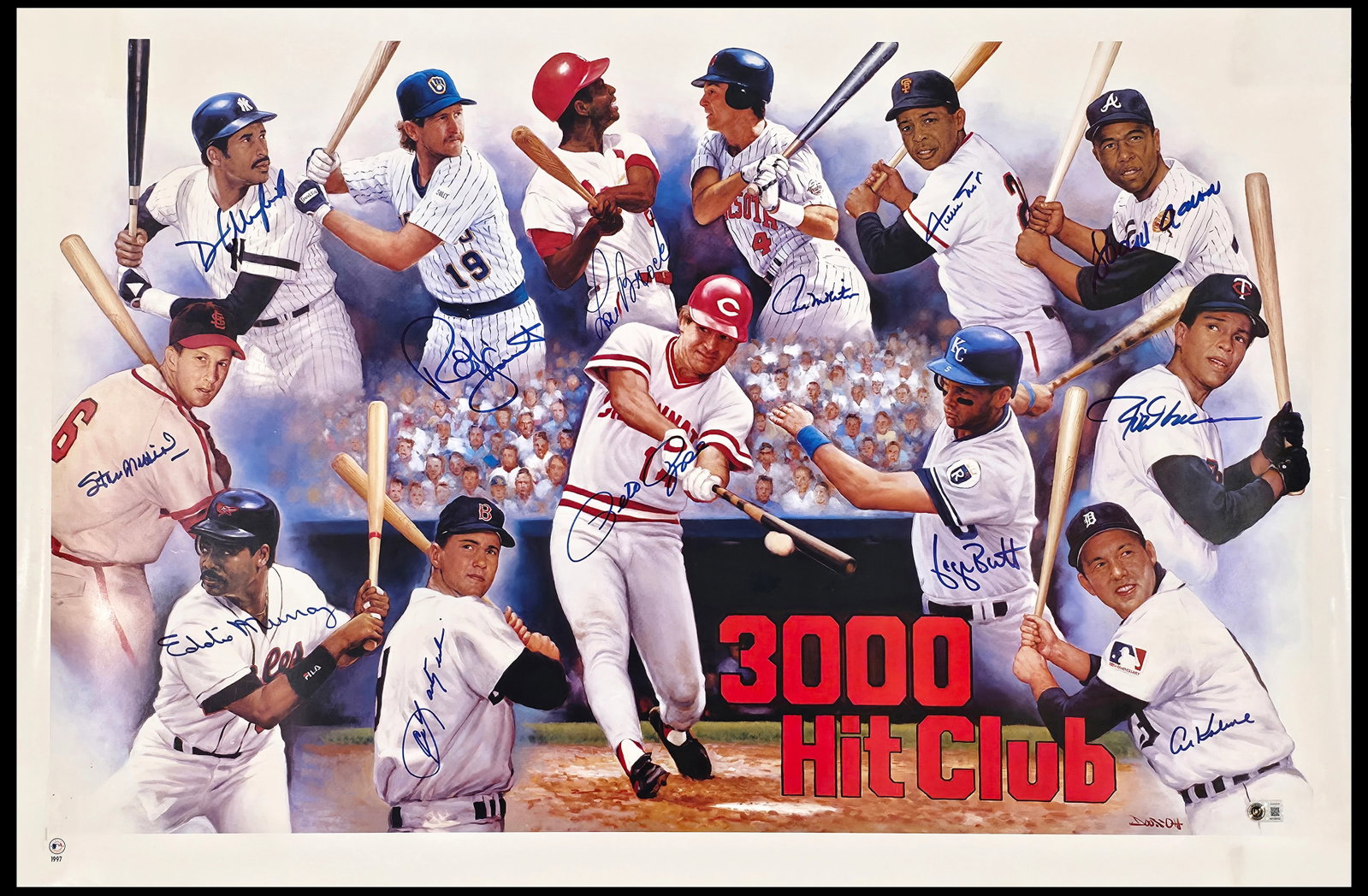 3000 Hit Club Autographed 24x36 Lithograph With 13 autos Including Willie Mays & Hank Aaron Beckett: This is a 24x36 Lithograph Photo that has been hand signed by 13 members of 3000 Hit Club. Signatures include Hank Aaron, Willie Mays, Pete Rose, Stan Musial, George Brett, Carl Yastrzemski, Al Kaline