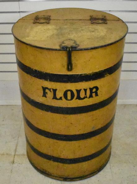 Store painted metal flour canister: 33"h x 22 1/4" dia Condition, overall wear scratches and dings, one bolt missing