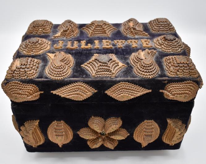 Tramp Art sewing box: 7 1/2"h x 12"w x 8"d Signed on base A. Paques 1907. F. Condition, some chipped wood, needs cleaning