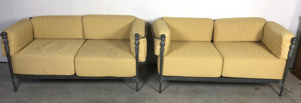 Pair of metal and upholstered settees: 31 1/2"h x 68"w x 38"d Condition, one plastic caster missing