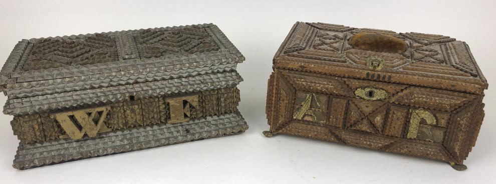 Two tramp art boxes: Sewing box 6"h x 10"w x 7"d Condition, missing some molding, needs cleaning