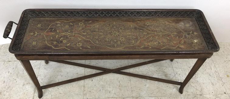 Anglo Indian style tray on stand: 18 1/2"h x 38 1/2”w x 11 1/2” d Condition, missing handle, worn finish, scratches and dings