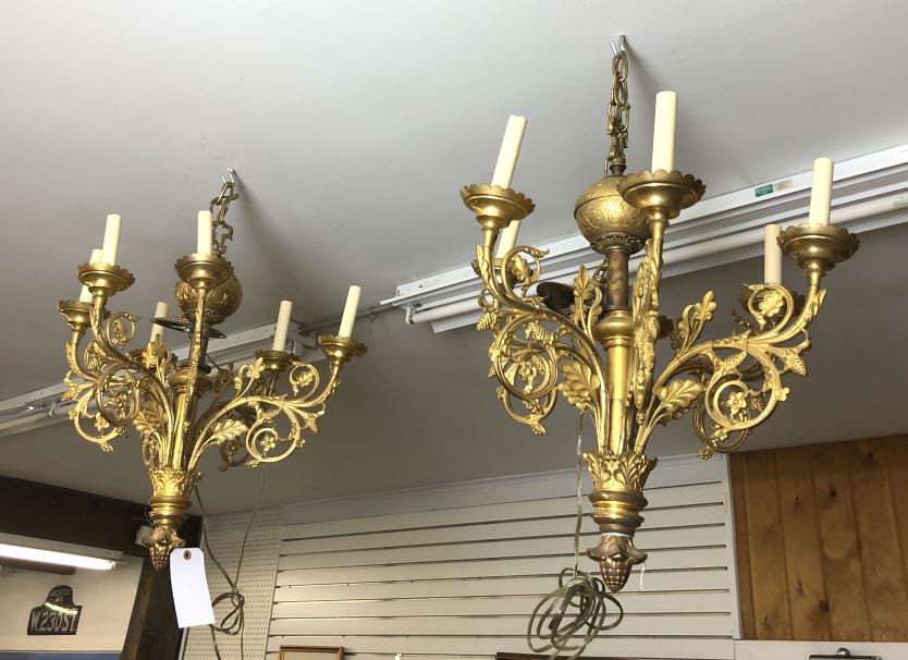 Pair of Gothic style bronze 5 light chandeliers: 24"h x 20" dia Condition, untested