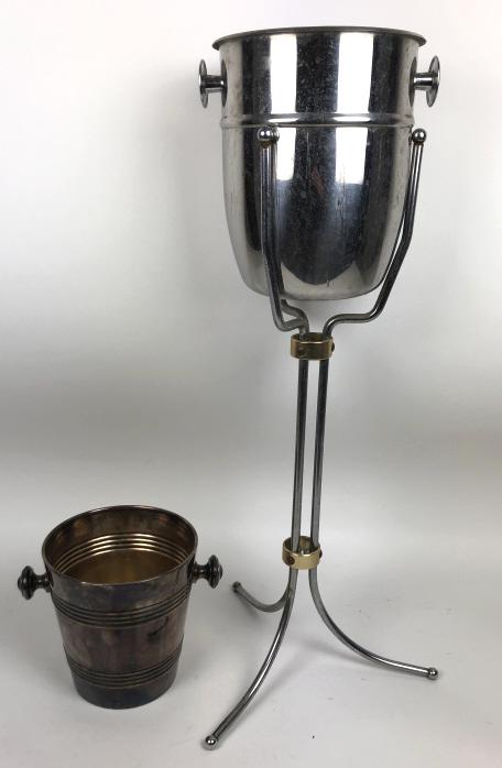Mappin & Webb silver plated Champagne bucket: Together with metal champagne bucket on stand Bucket on stand 31"h Condition, needs cleaning, some rust spots on stand