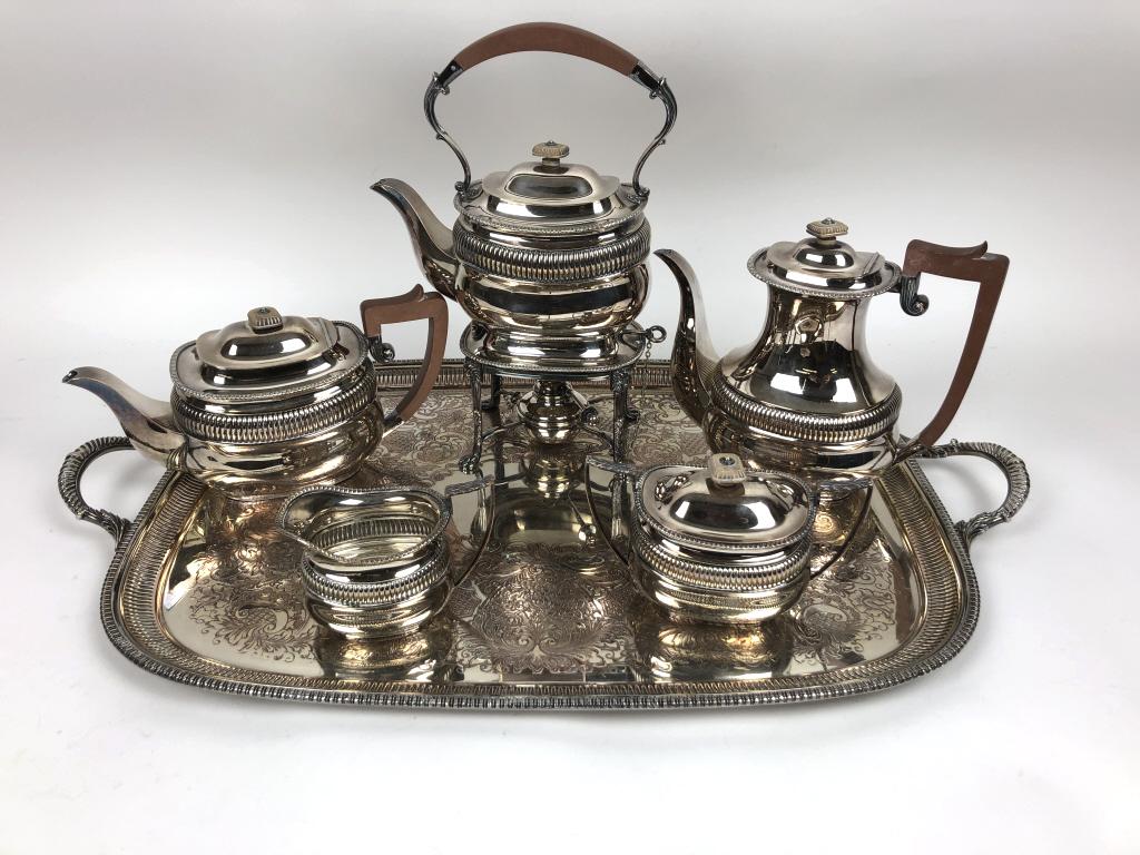 English silver plated 6 piece tea and coffee set: Tray 29"w x 17 1/2"d Condition, some worn plate, some scratches
