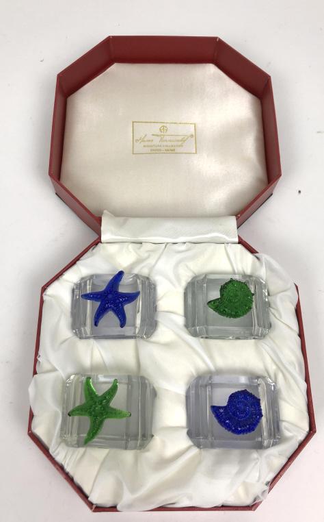 Set of 4 Hans Turnwald crystal napkin rings: 1 3/4'h x 2 1/4"w x 2"d Condition, hinge broken on case