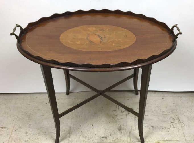 Georgian style mahogany tray table: 19th Century tray on later base 23"h x 27"w x 17 1/2"d Condition, overall wear, scratches, dings, cracks