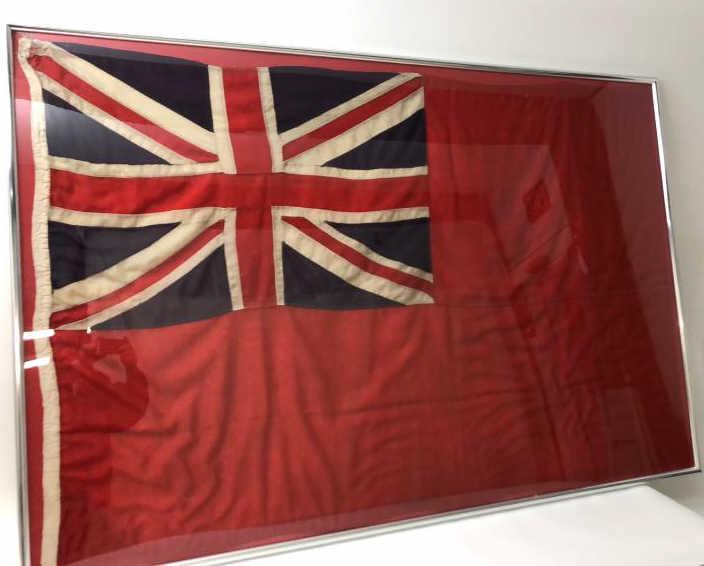British red nautical flag: Framed 45"h x 76"w Condition, overall wear, tears