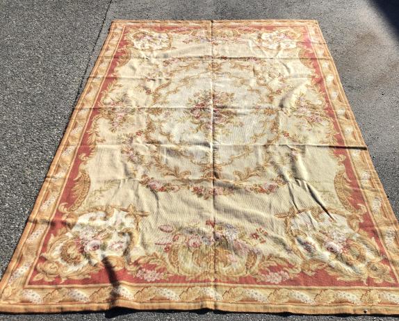 Aubusson style rug: 8' 8" x 5' 3" Condition, some stains, needs cleaning