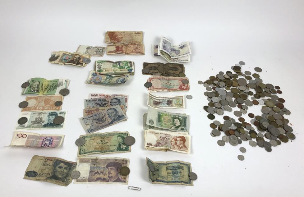 Group of foreign coins and paper currency: Condition, used, as is, notes have been folded