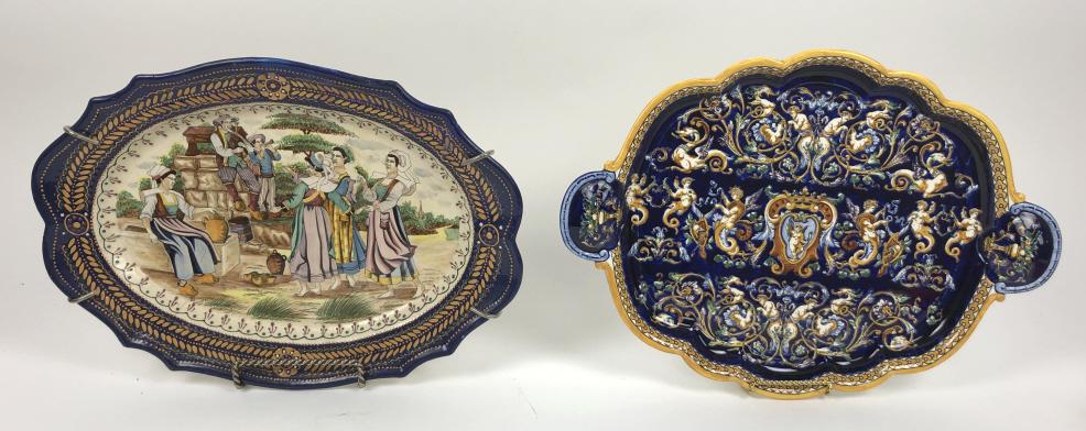 Two French porcelain platters: Quimper and Gien Quimper 20" w x 14 1/2" d Gien 20 1/2"w x 15"d Condition, Quimper old repairs, as is, Gien good