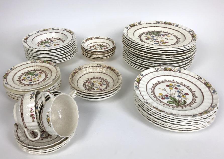 Copeland Spode partial dinner service: Spode Cowslip pattern Approximately over 50 pieces Dining plate 10 1/2" dia Condition, some cracks, chips, and discoloration