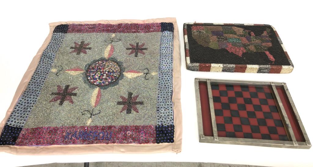Group of folk art items: Comprising glass and metal checker board, composition, sequin, and nail US map, and Haitian style sequin and cloth flag signed Karrefou Flag 29"h x 25 1/2"w, signed on versoCondition, needs cleaning, 