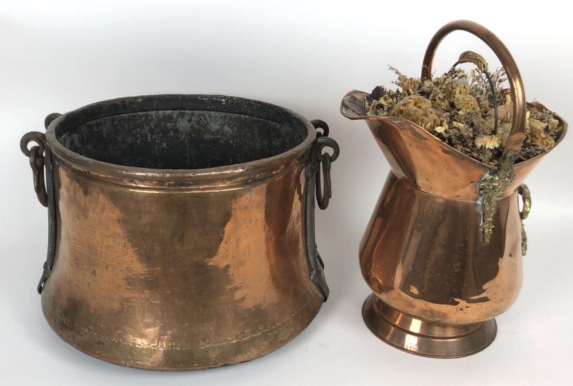 Copper cauldron and coal scuttle: Cauldron 13 12"h x 20' dia Condition, overall wear, foot bent on coal scuttle, scratches and dings