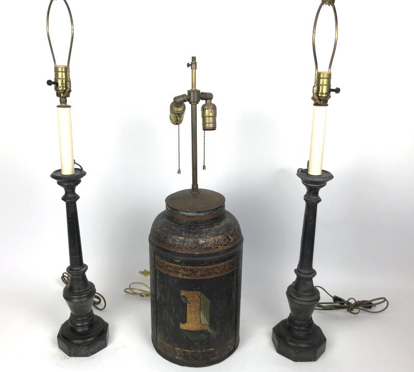 Metal painted tea canister mounted as lamp: Together a pair of slate table lamps Tea canister 29" overall Condition, loss of paint on canister, chipped slate
