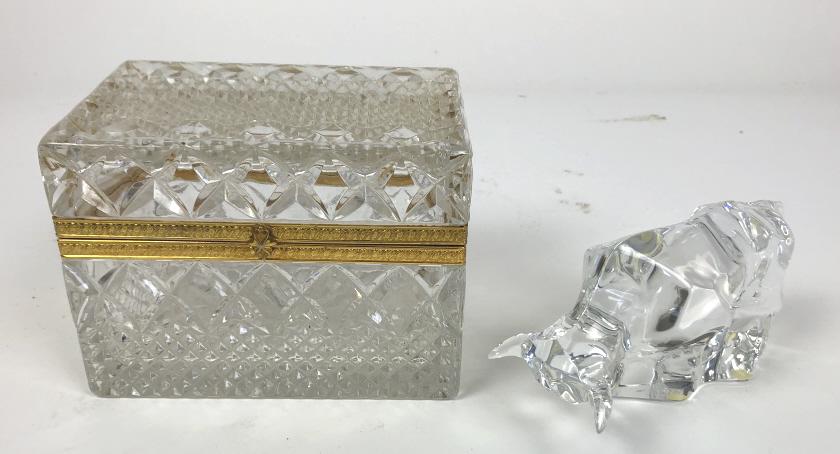 Crystal box and Baccarat bull: Box 5"h x 6 1/2"w x 4 1/2"d Bull 3 3/4"h Condition, some rubbed gilt