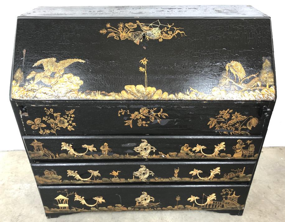 Chinoiserie decorated slant front desk: 19th Century 42"h x 43 1/2"w x 21"d Condition, craquelure, losses to finish, some paint loss, missing escutcheon