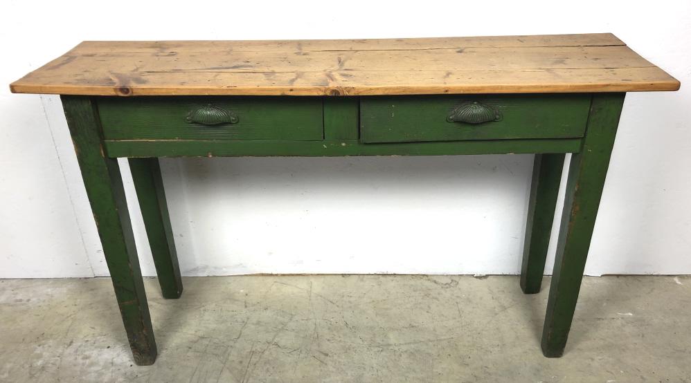 Country green painted pine two-drawer side table (1 of 4)