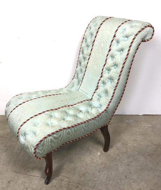 Upholstered slipper chair: 35 1/2"h x 21"w x 30"d Condition, some stains to fabric, some scratches to wood