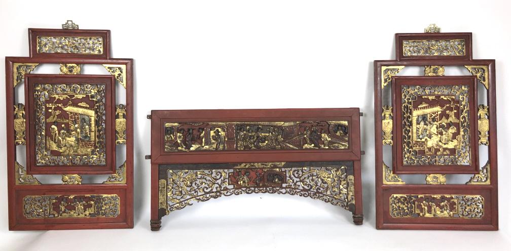 3 Asian lacquered and gilt carved wood panels (1 of 9)