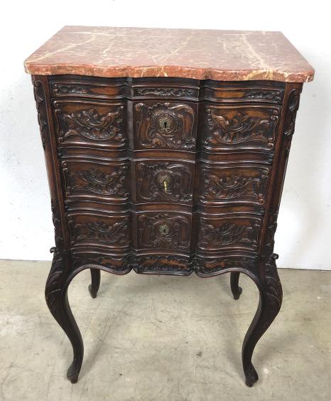 Louis XV style walnut and marble top commode: 40"h x 26"w x 17"d Condition, some scratches and dings