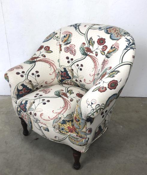Floral and bird upholstered tub chair: 19th Century 33 1/2"h x 33"w x 28"d Condition, some scratches and chipped wood