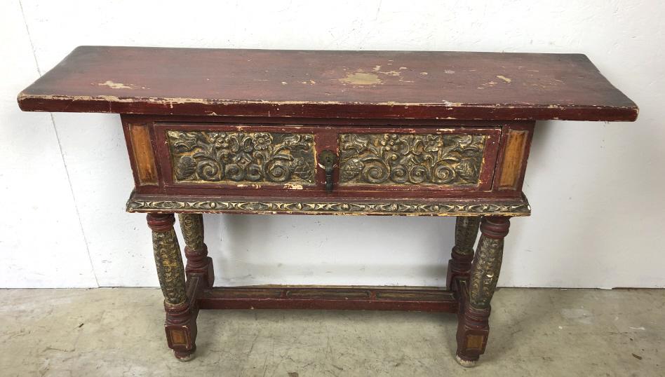 Carved wood and lacquered one drawer console: 30 1/4"h x 47 1/4"w x 12"d Condition, worn finish, scratches and scuffs