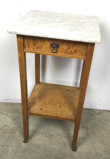 Art Nouveau style maple and marble top side table: 30"h x 15 3/4" sq Condition, some scratches and dings