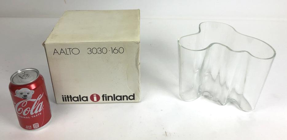 Alvar Aalto Finland glass vase: With box, vase signed on bottom 6 1/4"h x 8"w x 8"d Condition, good