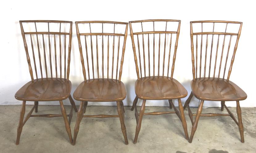 Set of 4 Windsor style chairs: Manufactured Ethan Allen 38"h x 18"w x 17 1/4"d Condition, scratches and scuffs, worn finish on top rails