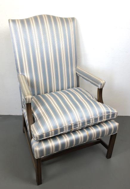 Kittinger mahogany and upholstered library chair: 43"h x 28"w x 29"d Condition, some scratches, stains to fabric