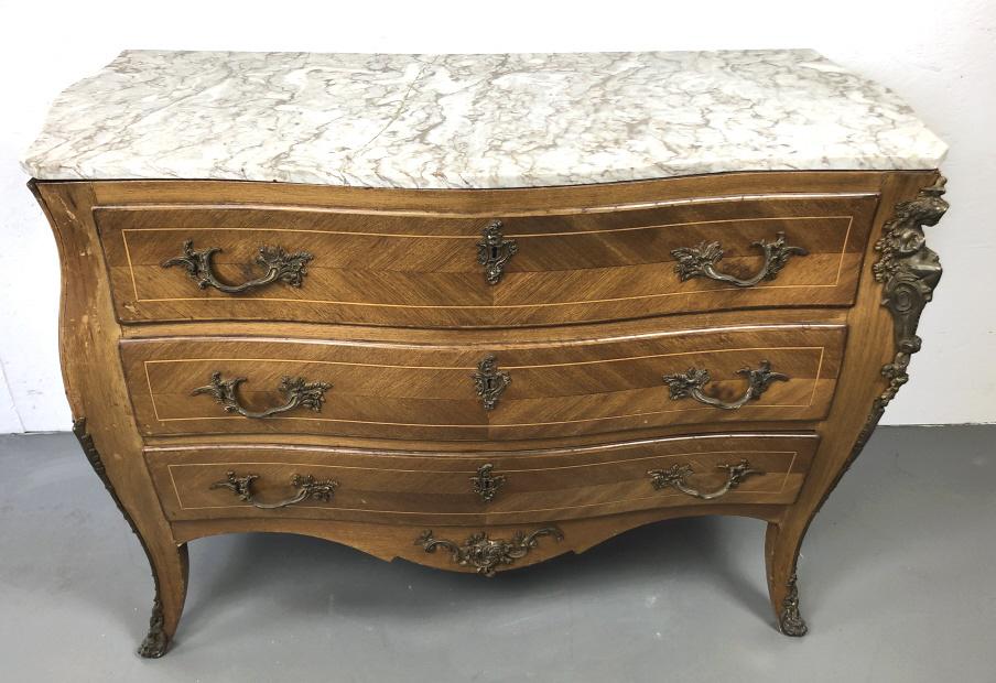 Louis XV style marble top commode: 32"h x 44"w x 19 1/2"d Condition, repair to marble, cracks, scratches and dings