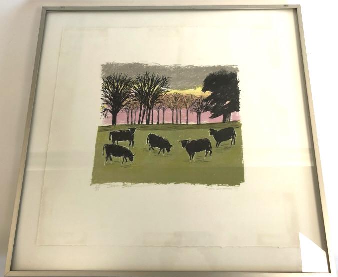 Joan Zuckerman: Sunset cows Lithograph number 20 of 50 Overall 26 1/2"h x 27 1/4"w Condition,some scatches to frame