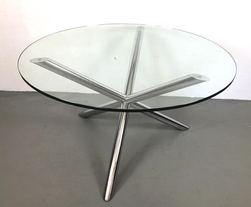Milo Baughman style chrome and glass dining table: 27 3/4"h x 47" dia Condition, some scratches, needs cleaning