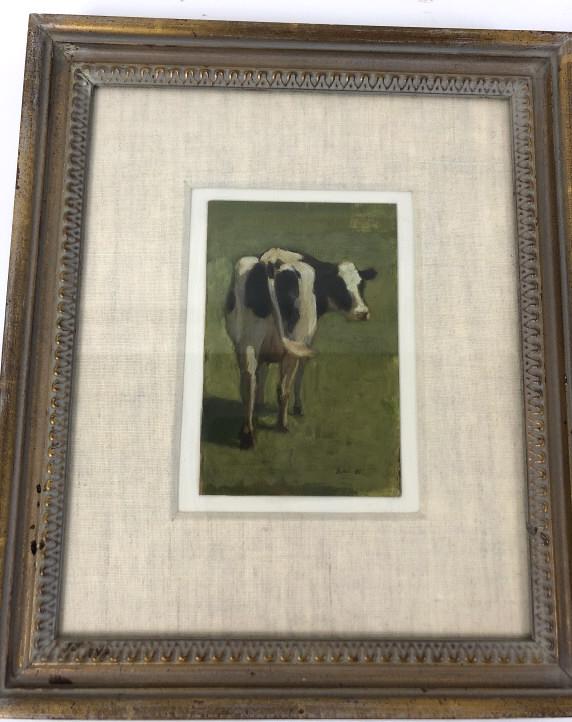 Jack Boul (American, b. 1927): Standing Cow Oil on canvas laid on board Overall 13 3/4"h x 12"w Sight 7"h x 5"w Condition, good