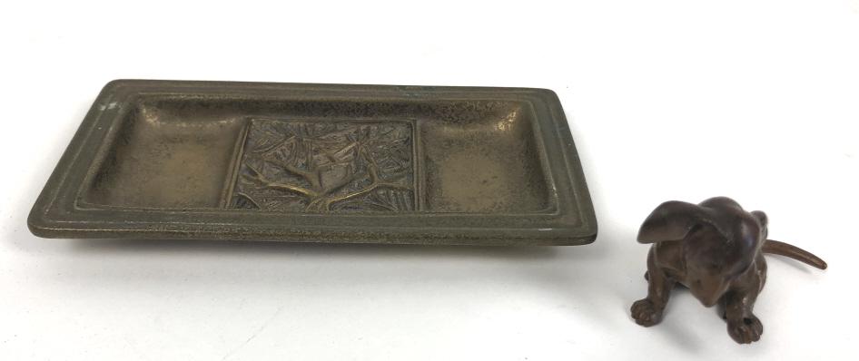 Tiffany Studios patinated bronze pin holder: Together with bronze dog Pin holder 5 1/4"w x 2 3/4"d Condition, needs cleaning