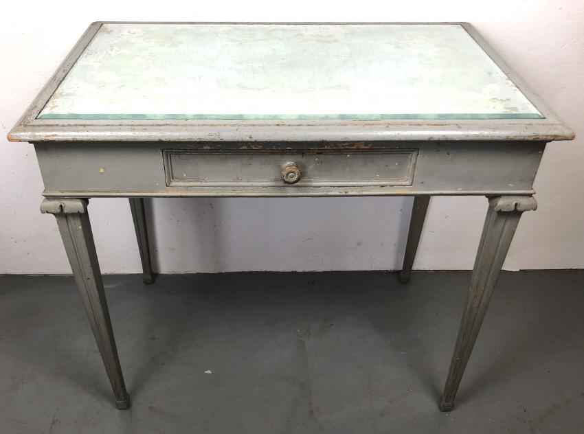 Mirror top one drawer side table: 29"h x 34"w x 21 3/4"d Condition, overall wear, chipped and scratched paint , loss of silver to mirror top