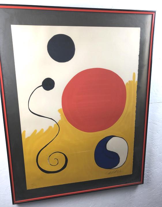 Alexander Calder lithograph: Abstract lithograph Number 44 of 150 Sight 29 3/4" h x 22"w Overall 35 1/4"h x 27 1/2"w Condition, some fading on matting
