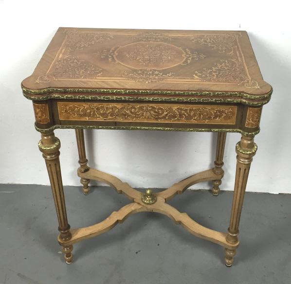 Louis XVI style marquetry games table: 30 3/4"h x 26 1/4"w x 17 1/2"d Condition, sun faded, some veneer bubbles
