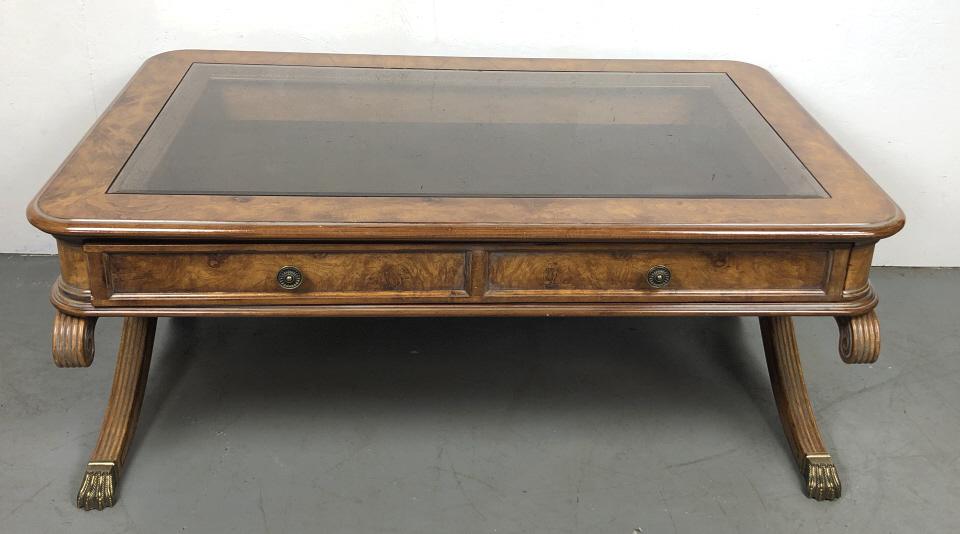 Regency style vitreen table: 20 1/2"h x 50"w x 32"d Condition, some scratches