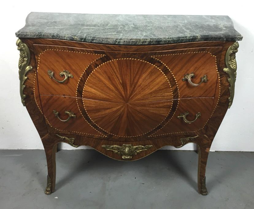 Louis XV style marble top commode: 33"h x 38"w x 16 3/4"d Condition, some veneer loss