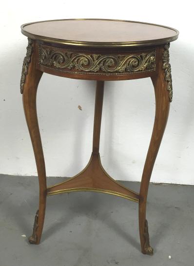Louis XV style circular side table: 29 3/4"h x 19" dia Condition, some scratches and chips