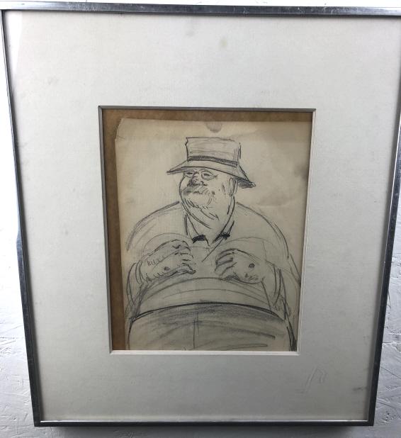 Marjorie Organ: Drawing of Fat Man Pencil on paper 10 1/4" x 8 1/4" Hirschl & Adler Gallery label on verso Condition, some staining, paper loss, slipped in matting