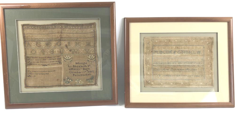 Pawtucket Rhode Island sampler: Together with smaller sampler Larger sight 15"h x 17"w Condition, stains, tack holes