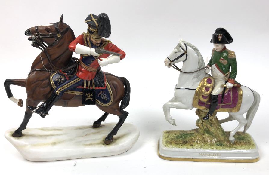 Porcelain figure of Napoleon on horseback: Together with Queen's Lancers on horseback Queen's Lancer manufactured by Michael Scotty Tallest 11" Condition, old repair to Napoleon's leg