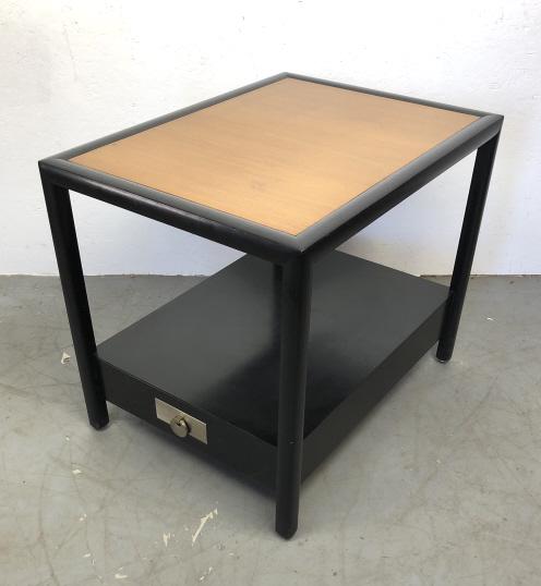 Baker blond wood and ebonized side table: 22 1/2"h x 20"w x 27"d Condition, some scratches and scuffs